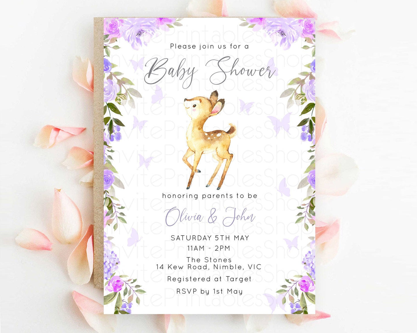 Enchanted Forest Baby Shower Invitation: Secret Garden, Fawn, Deer, Butterfly, Soft Purple Pastel Flowers - Whimsical Woodland Theme D10916