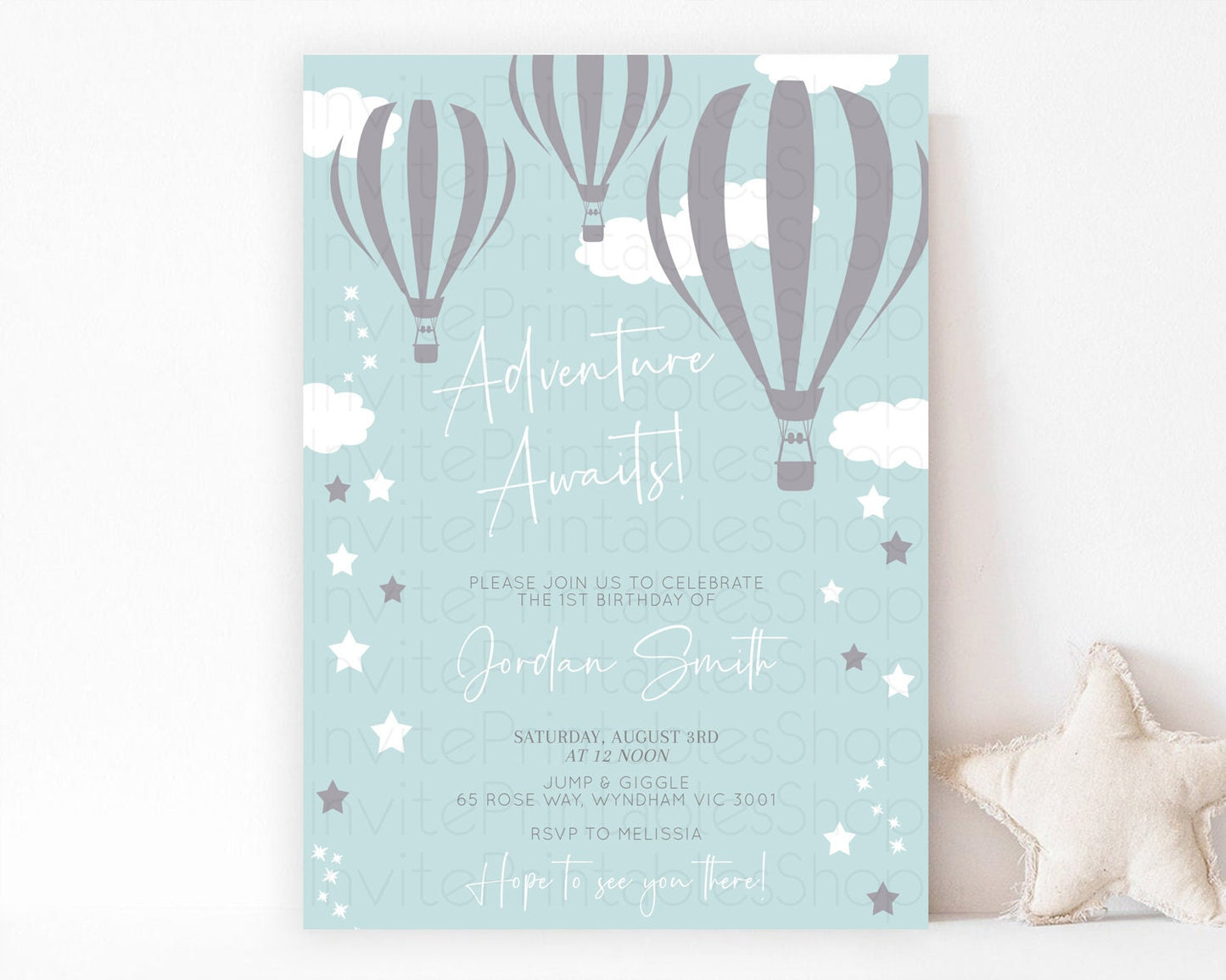 Hot Air Balloon Birthday Invitation Hot Air Balloon Invites Adventure Awaits Up Up & Away Glitter Blue Watercolor 1st Birthday Boy D10324