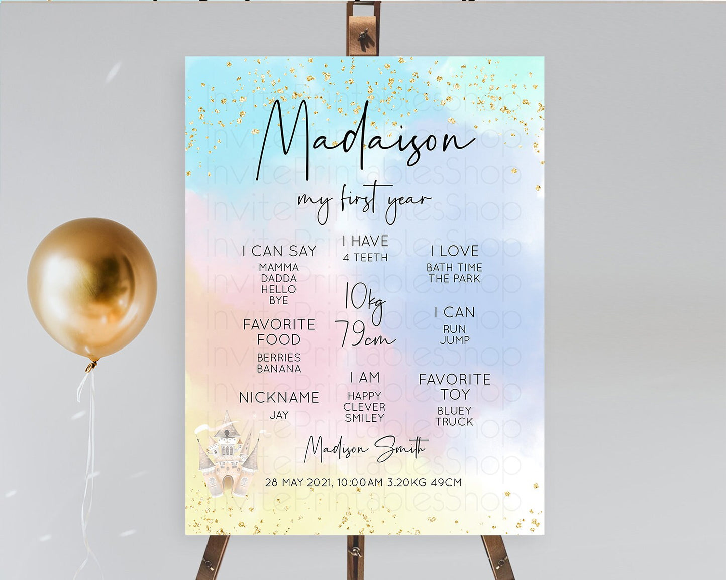 Pastel First Birthday Milestone Board Pastel Rainbow Milestone Poster Colorful Confetti Watercolor Glitter 1st Birthday Welcome Sign D10376