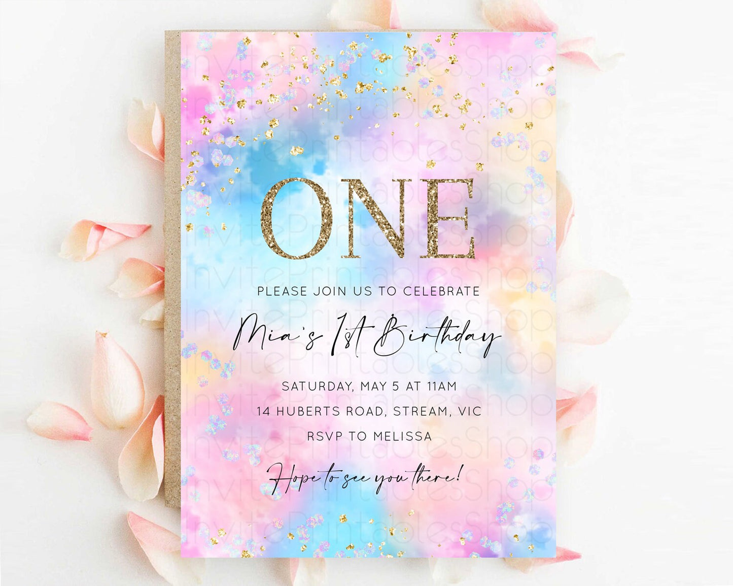 Rainbow Birthday Invitation Colorful Pastel Watercolor Invitation Gold Glitter Sprinkles Ombre Pastel 1st 2nd 3rd Birthday D10607