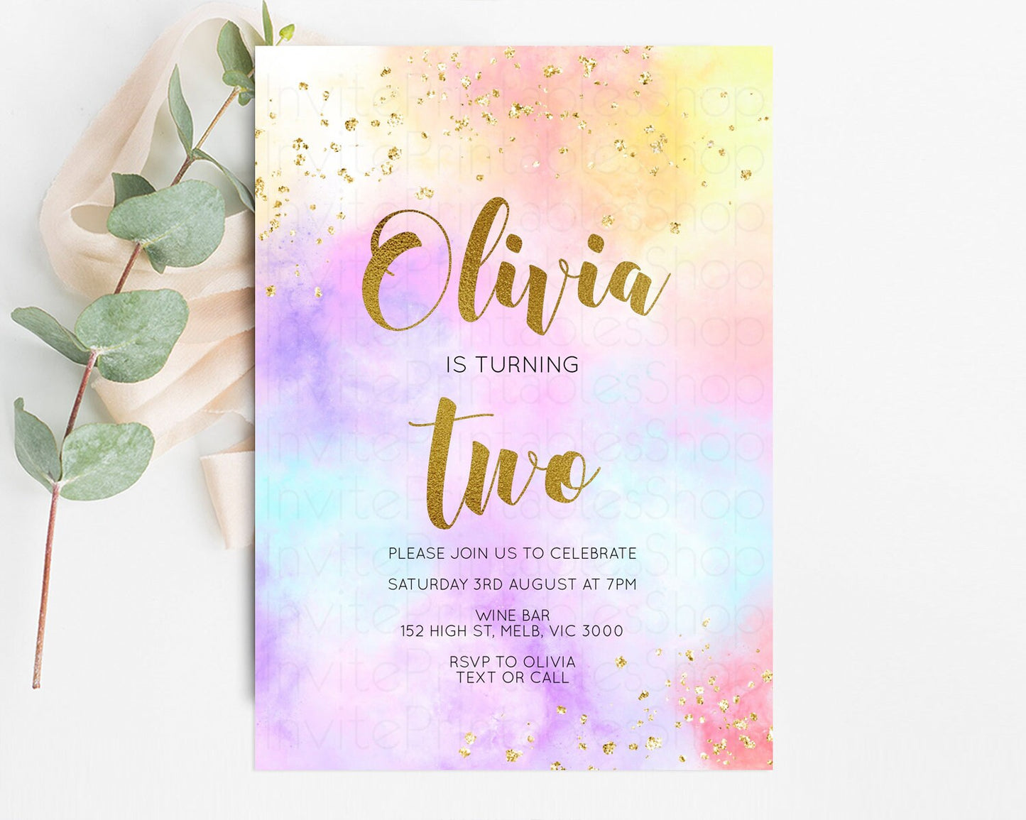 Rainbow Birthday Invitation Ombre Pastel Invitation Colorful Watercolor Splash Invite Gold Glitter Sprinkles Printable Digital Invite 499