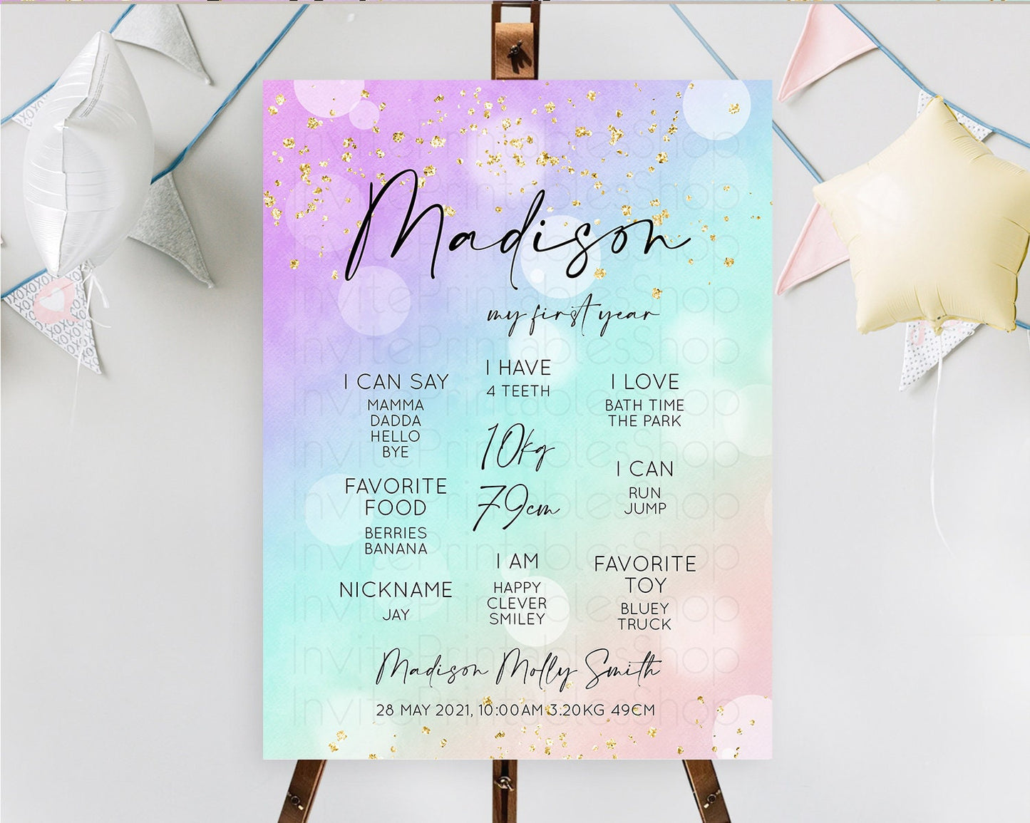 Pastel First Birthday Milestone Board Pastel Rainbow Milestone Poster Colorful Confetti Watercolor Glitter 1st Birthday Welcome Sign D10618