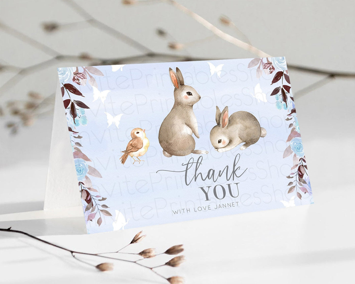 Bunny Thank You Floral Bunny Thank You Card Pastel Flowers Bunny Birthday Thank You Card Secret Garden Bunny Teacher Thank You Cards D10923