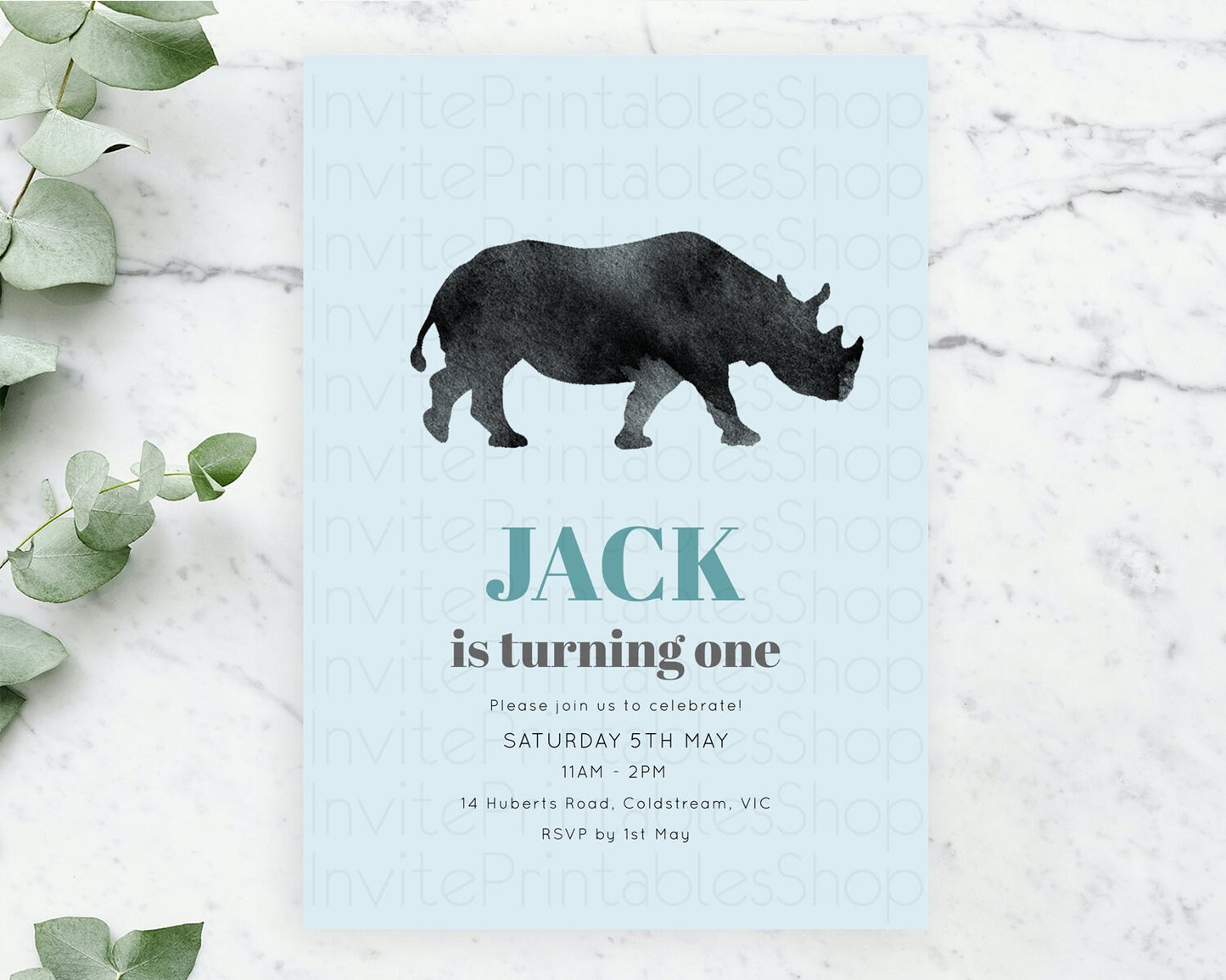 Rhino Birthday Invitation Rhino Invitation Rhino Birthday Rhino Safari Adventure Invite Rhino Palm Leaf Invite Zoo Party D10801