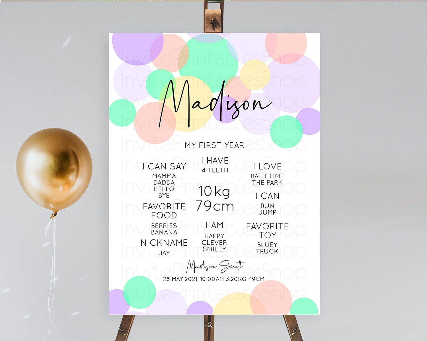 Pastel First Birthday Milestone Poster Pastel Rainbow Confetti First Birthday Milestone Board Colorful Bubbles Birthday Welcome Sign D10380