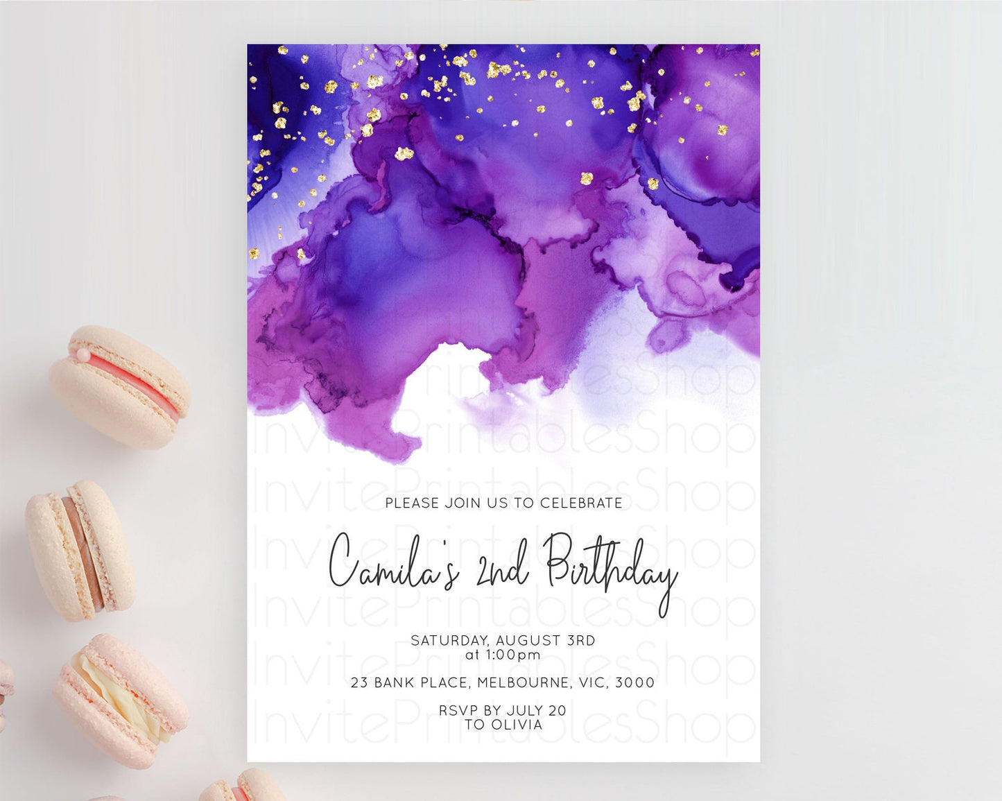 Purple Birthday Invitation Purple Watercolor Invite Pastel Purple Watercolor Invitation Purple Splash Gold Invitation First Birthday D11068