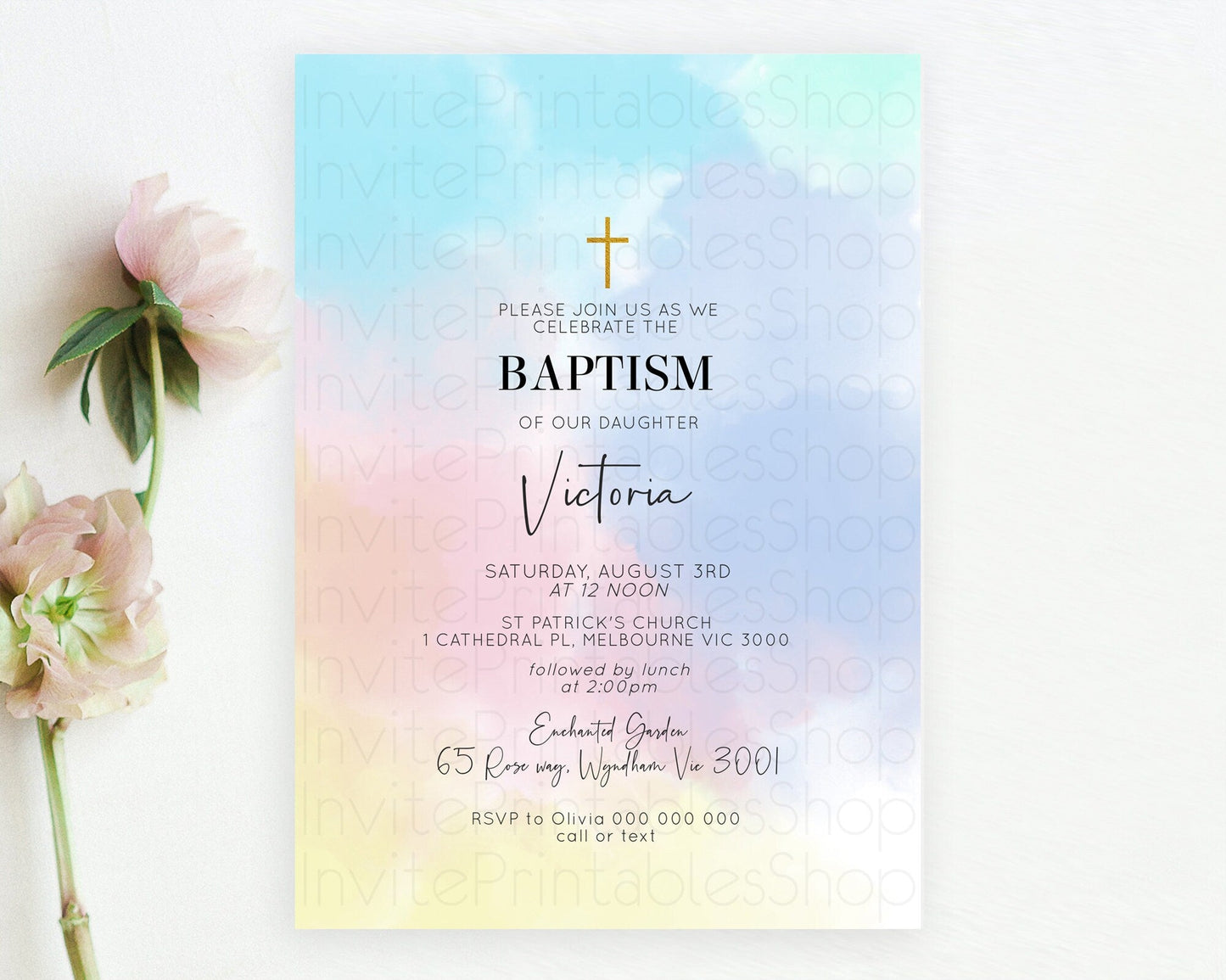 Pastel Baptism Invitation Pastel Colors Watercolor Baptism 1st Birthday Party Gold Ombre Pastel Rainbow Christening Holy Communion D10373