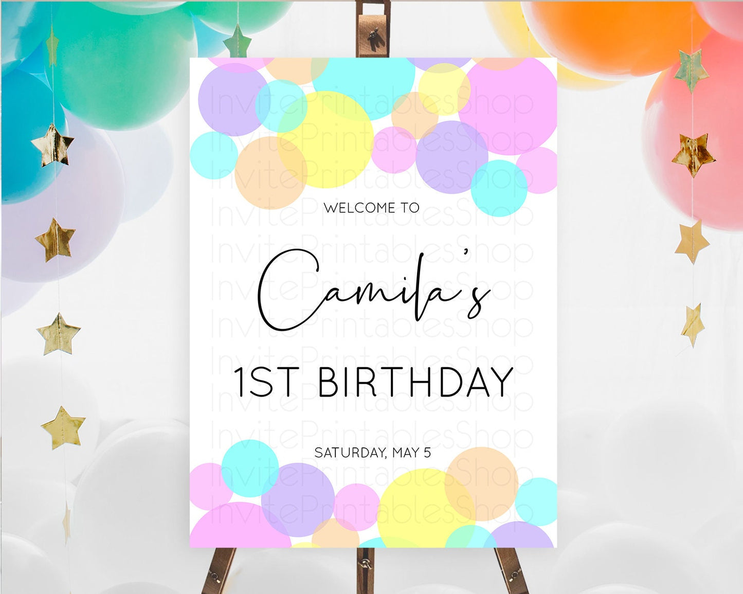 Rainbow Welcome Sign Pastel Welcome Board Pastel Rainbow Confetti Welcome Sign Colorful Bubbles Pastel First Birthday Welcome Sign D10406