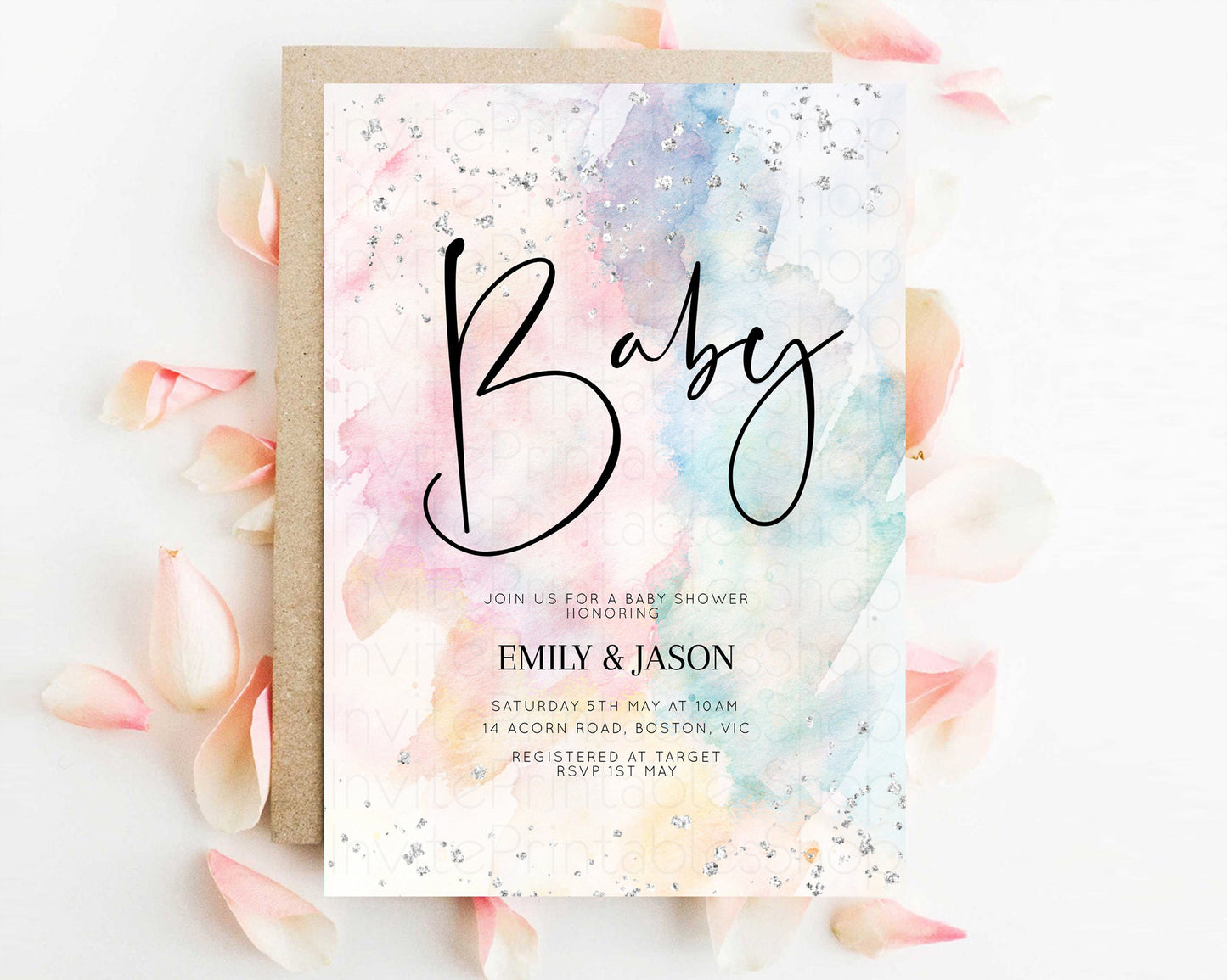 Rainbow Baby Shower Invitation Pastel Watercolor Invite Ombre Splash Invite Silver Glitter Confetti Sprinkles Colorful Gender Neutral s276v4