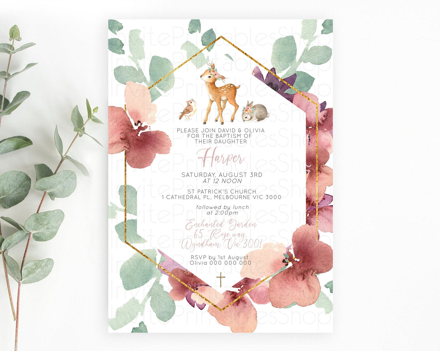 Fawn Baptism Invitation Deer Baptism 1st Birthday Invitation Enchanted Forest Christening Invitation Pastel Garden Butterfly Floral D10913