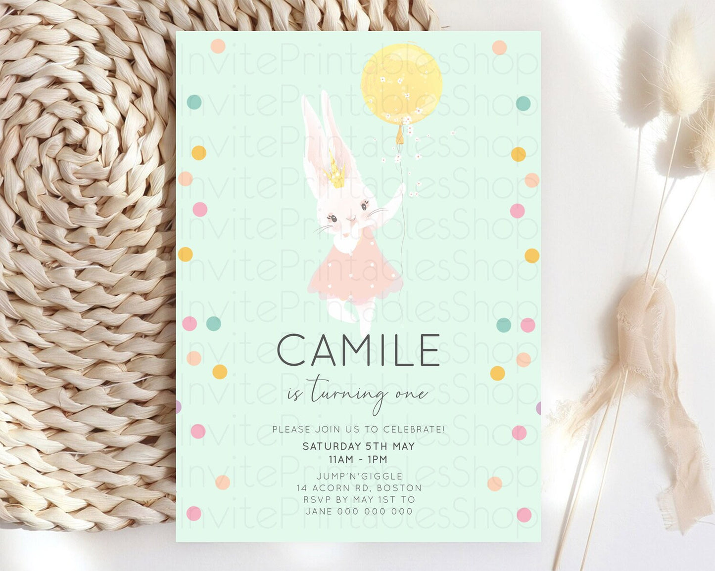 Bunny Birthday Invitation Pastel Bunny Invitation Bunny Balloon Invites Pastel Confetti Balloon Bunny Invites 2nd 1st First Birthday 199v5