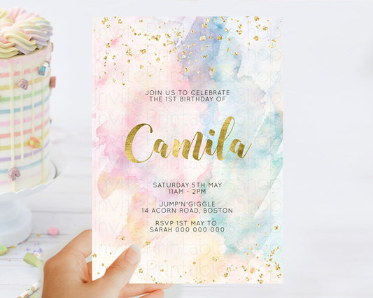 Rainbow Birthday Invitation Colorful Pastel Watercolor Invitation Gold Glitter Sprinkles Ombre Pastel 1st 2nd 3rd Birthday D10265