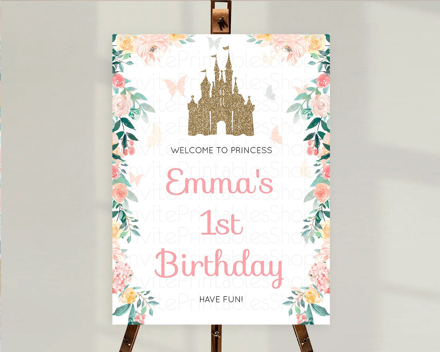 Princess Birthday Welcome Sign Castle Welcome Board Secret Garden Enchanted Castle Pastel Floral Garden First Birthday Welcome Sign D10429