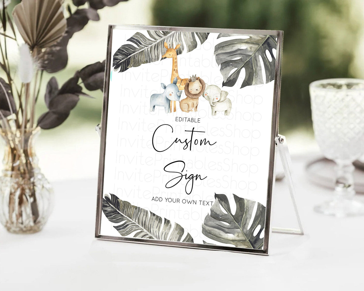 Safari Adventure Table Sign Decor Lion Gorilla Elephant Rhino Animals Party Tropical Palm Zoo Theme 1st Birthday Baptism Baby Shower D10599