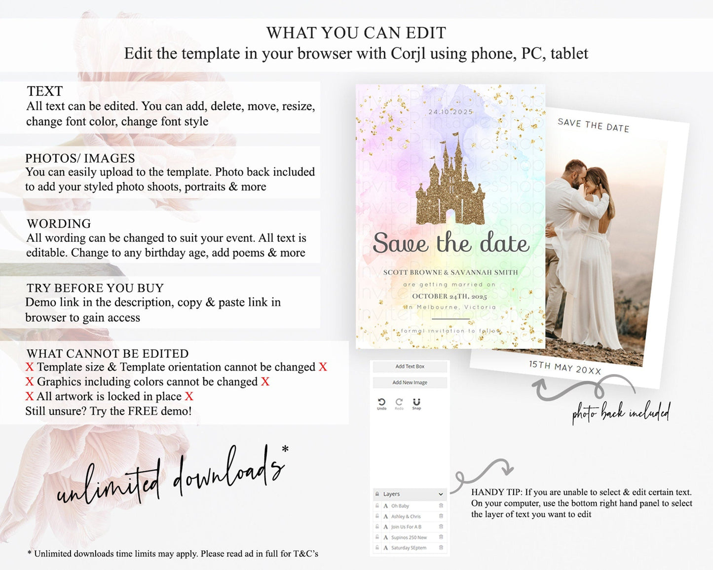 Princess Save The Date Pastel Watercolor Ombre Princess Party Rainbow Colorful Enchanted Castle 1st Birthday Baptism Baby Shower D10658