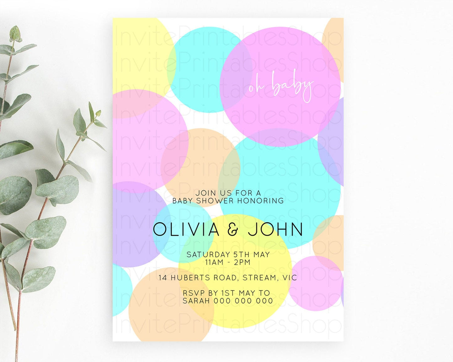 Pastel Rainbow Baby Shower Invitation, Confetti, Sprinkles, Bubbles Pink, Blue, Yellow Cute for Boy or Girl Gender Reveal Celebration D10406