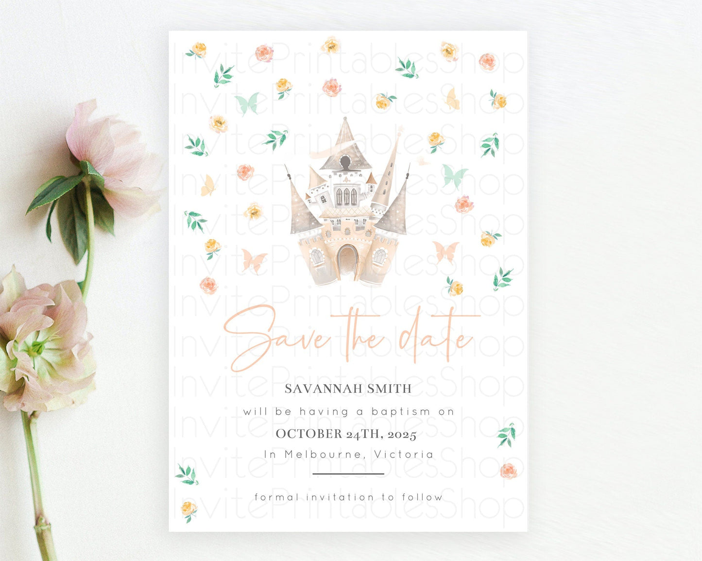 Princess Save The Date Template Secret Garden Enchanted Castle Pastel Floral Royal Party For 1st Birthday Baptism Baby Shower D10363