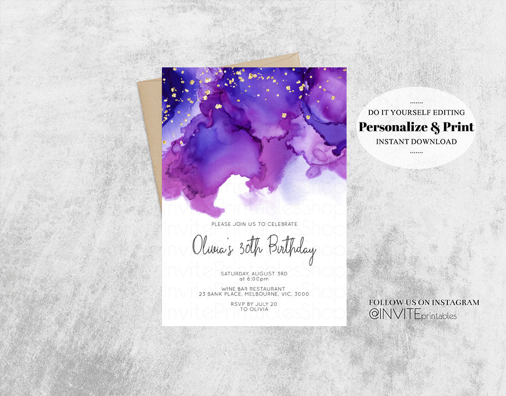 Purple Birthday Invitation Jewel Oil Acrylic Watercolor Ink Splash Gold Foil Splatter Sprinkles Water Marble Printable 30th Invite