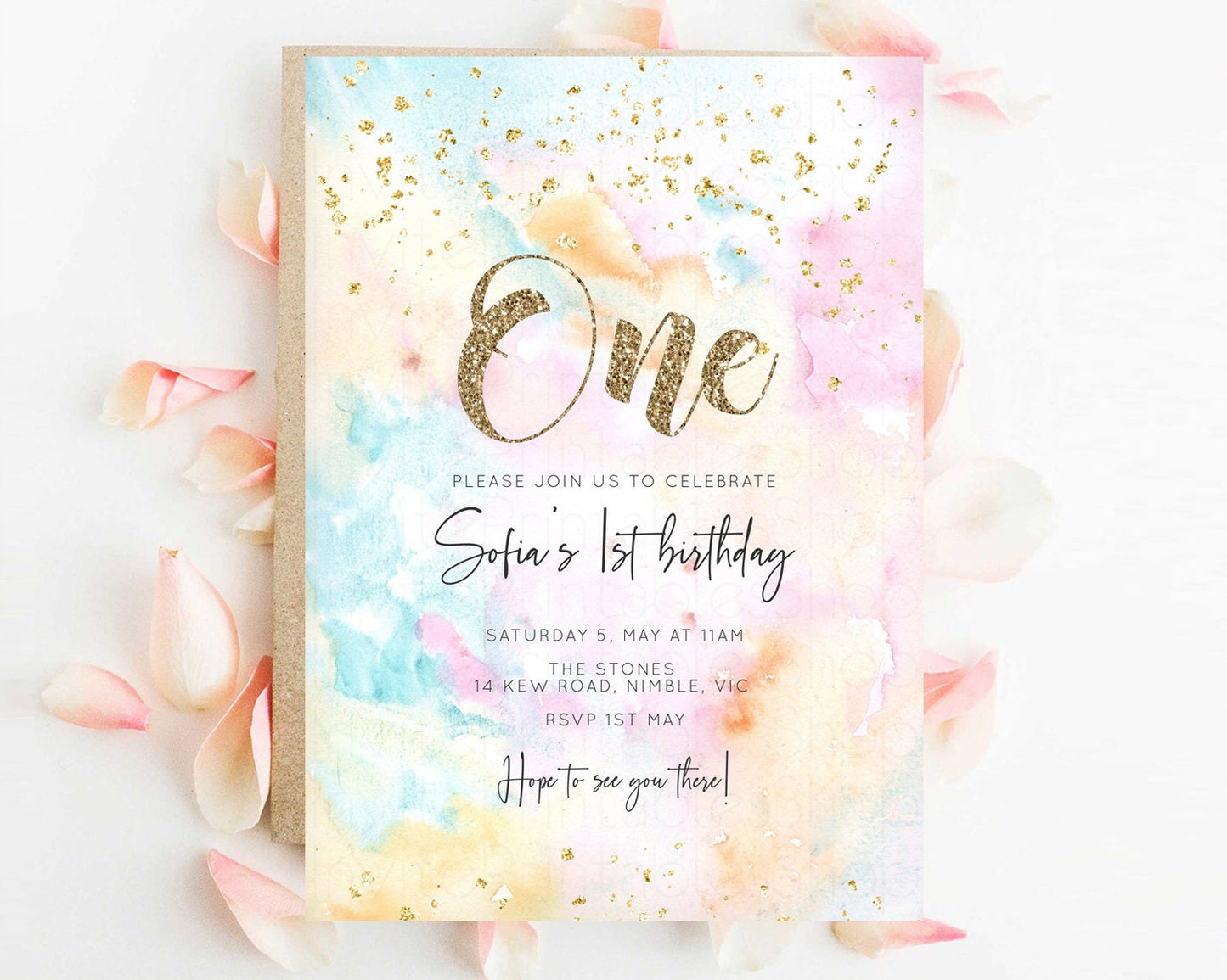 Rainbow Birthday Invitation Glitter Pastel Invitation Colorful Watercolor Gold Foil Splatter Sprinkles Ombre Glitter Invite 1st 2nd 3rd G566