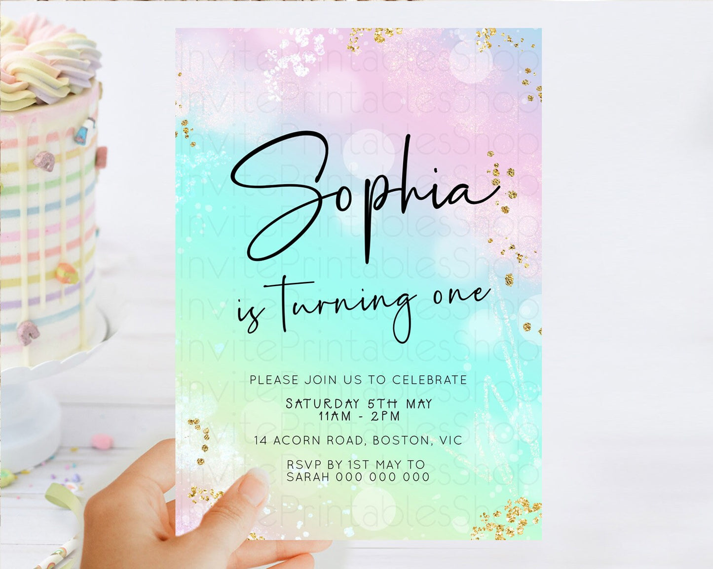 Pastel Birthday Invitation Ombre Watercolor Birthday Invitation Glitter Rainbow Color Splash 1st 2nd 3rd Birthday Invitation D23097