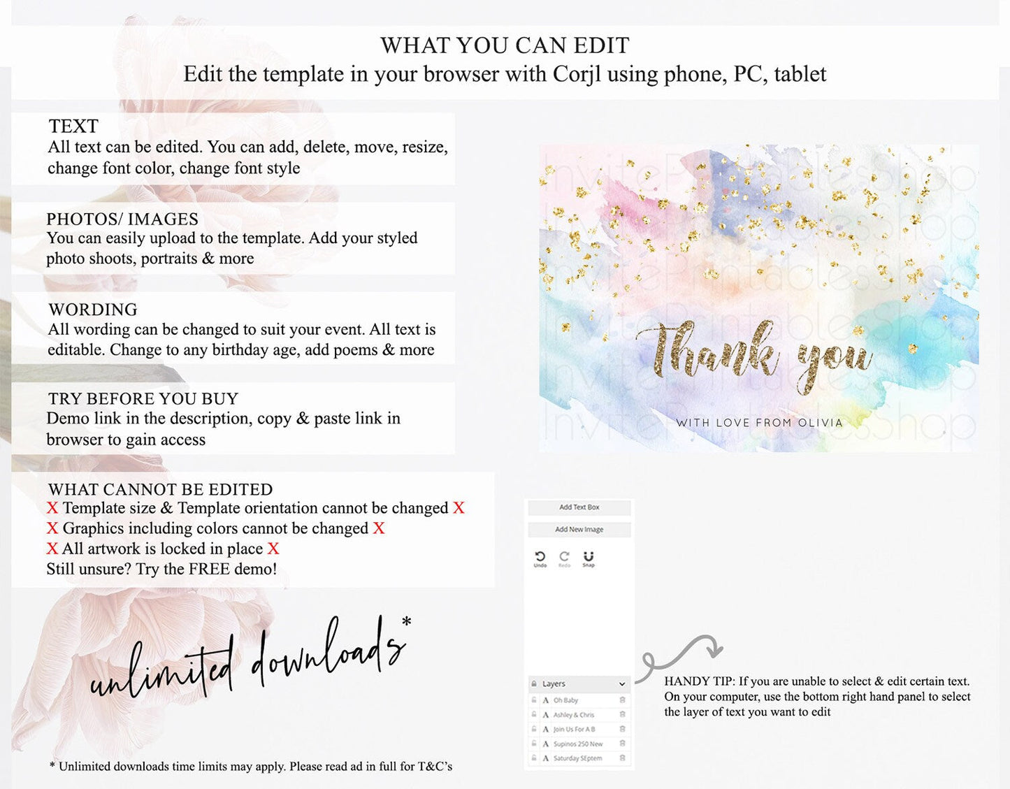 Pastel Thank You Rainbow Thank You Card Colorful Pastel Birthday Thank You Card Confetti Watercolor Pastel Teacher Thank You Cards D10421