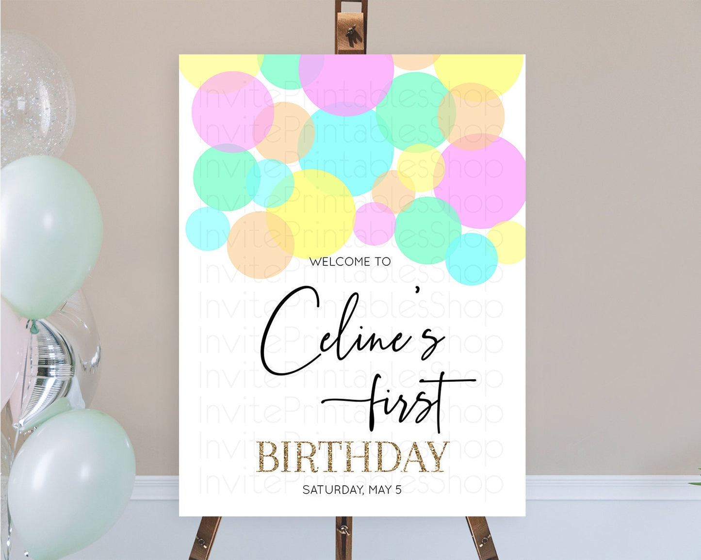 Rainbow Welcome Sign Pastel Welcome Board Pastel Rainbow Confetti Welcome Sign Colorful Bubbles Pastel First Birthday Welcome Sign D10410