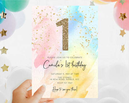 Editable Rainbow Birthday Invitation Colorful Pastel Watercolor Invitation G