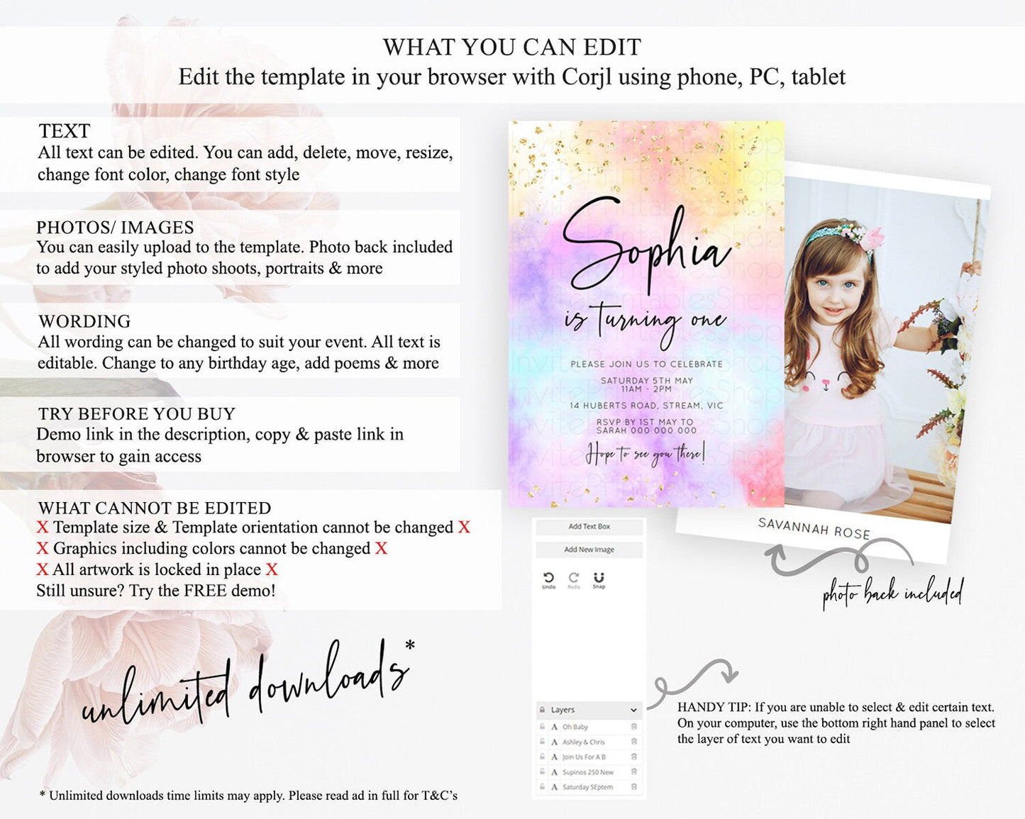 Rainbow Birthday Invitation Colorful Pastel Watercolor Invitation Gold Glitter Sprinkles Ombre Pastel 1st 2nd 3rd Birthday D10437