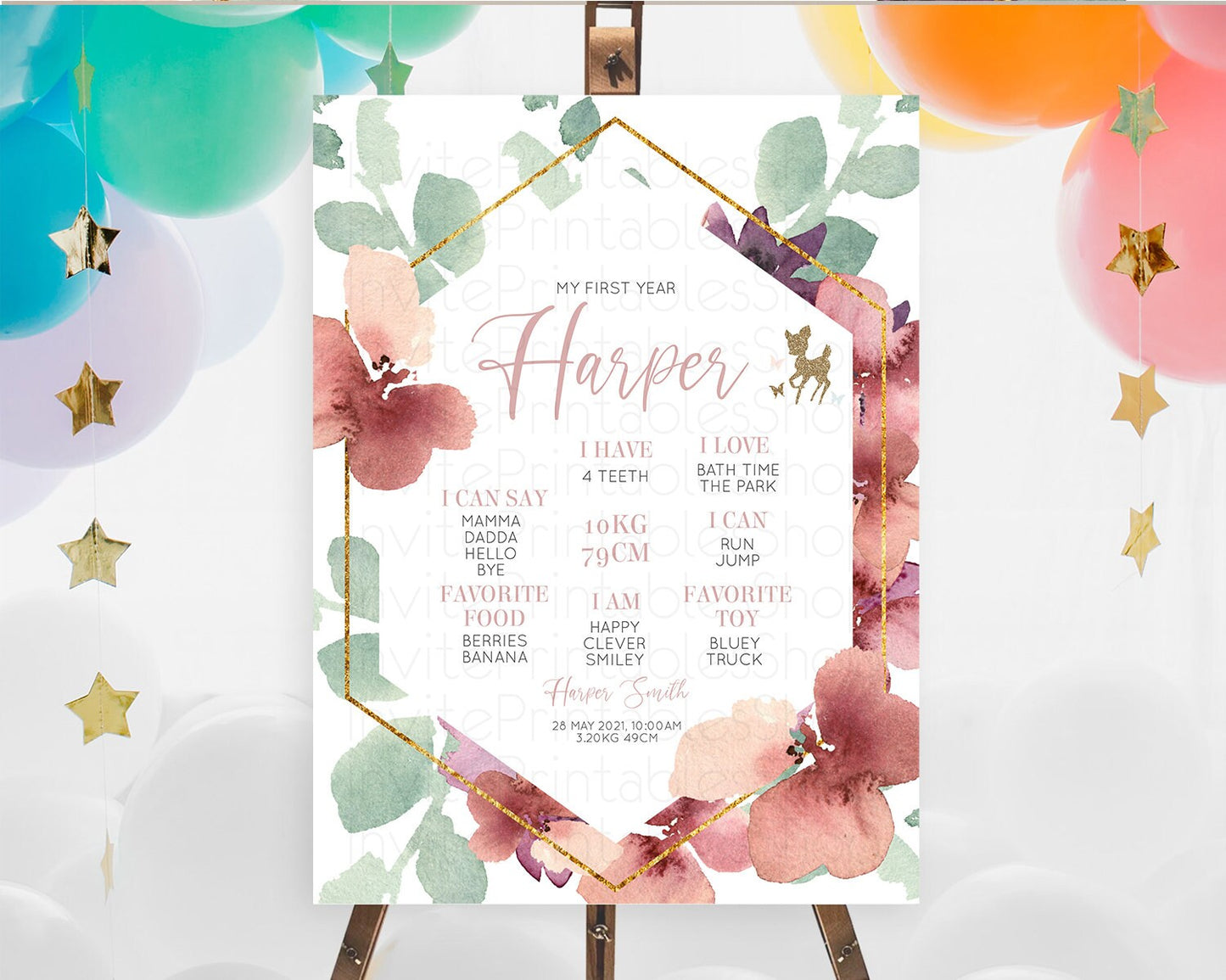 Fawn First Birthday Milestone Board Deer First Birthday Milestone Poster Enchanted Forest Butterfly Pastel Flowers 1st Birthday Sign D10459