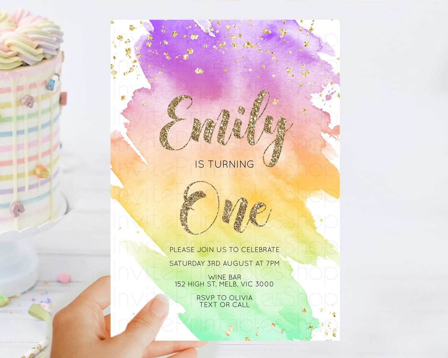 Rainbow Birthday Invitation Colorful Pastel Watercolor Invitation Gold Glitter Sprinkles Ombre Pastel 1st 2nd 3rd Birthday D10517