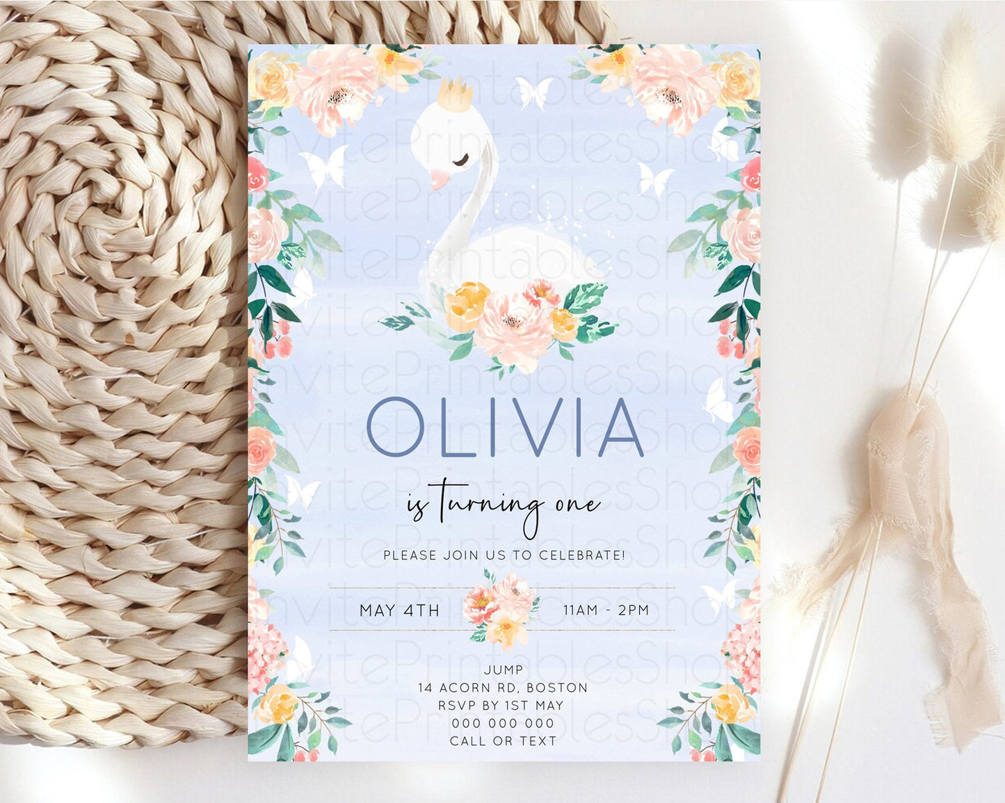 Swan Birthday Invitation Swan Princess Ballet Invitation Enchanted Forest Swan Lake Party Secret Garden Watercolour Pastel Floral D10885