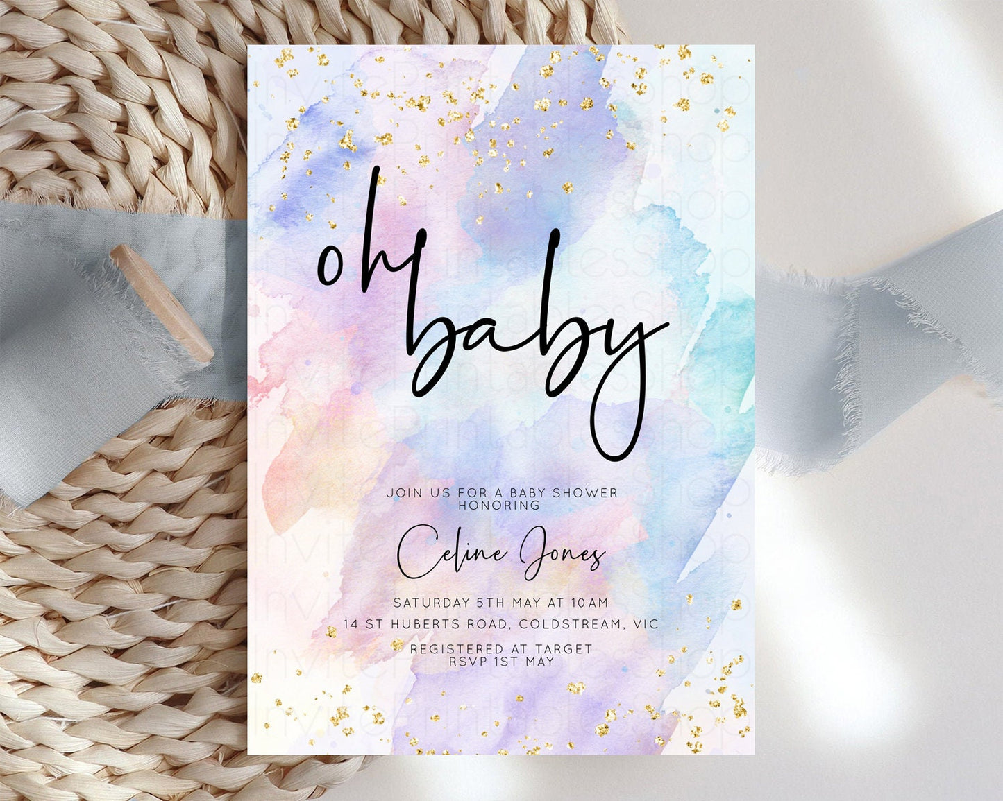 Rainbow Baby Shower Invitation Watercolor Pastel Invitation Colorful Splash Baby Invite Gold Glitter Sprinkles Ombre Gender Reveal t576