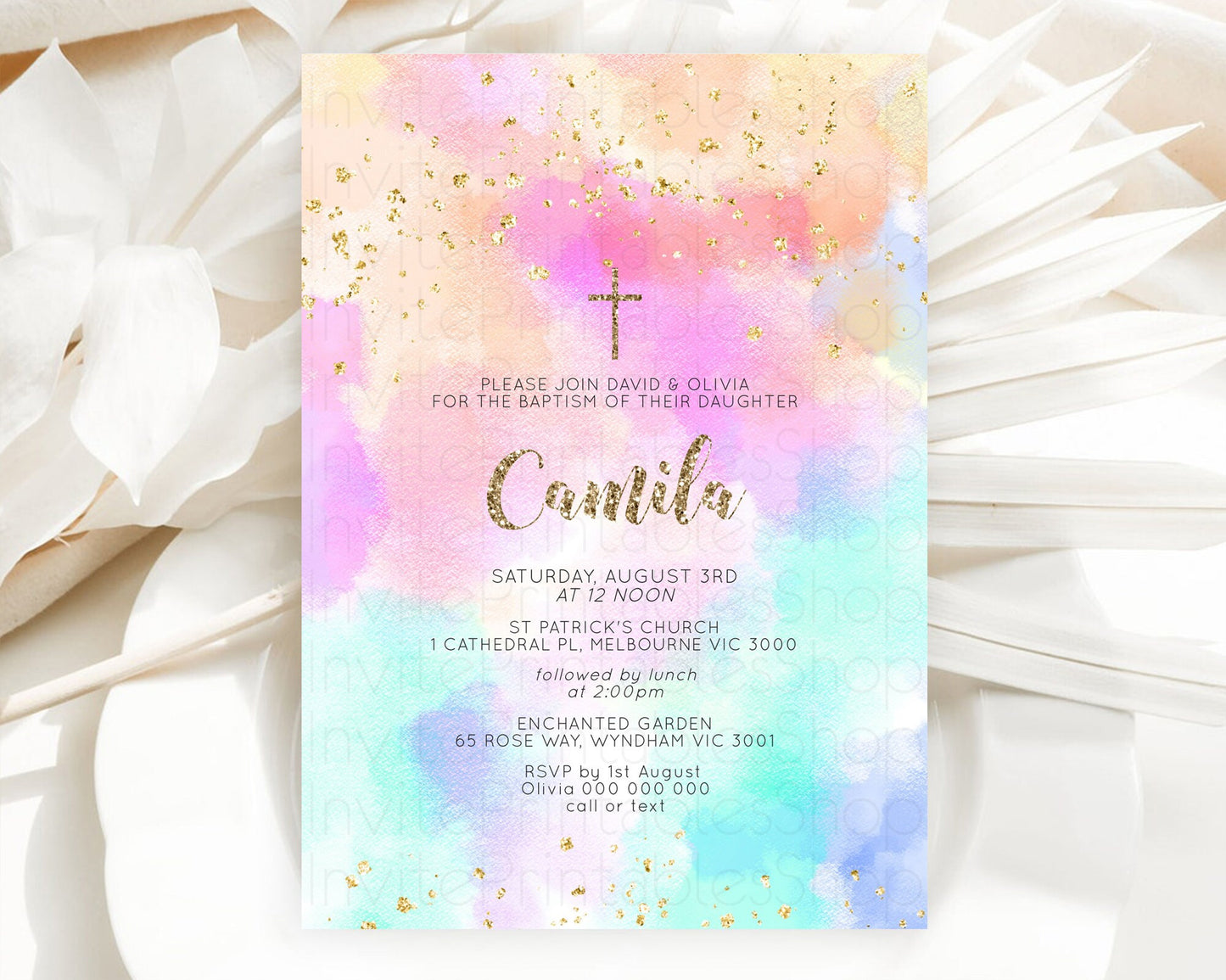 Pastel Baptism Invitation Pastel Colors Watercolor Baptism 1st Birthday Party Gold Ombre Pastel Rainbow Christening Holy Communion D10669