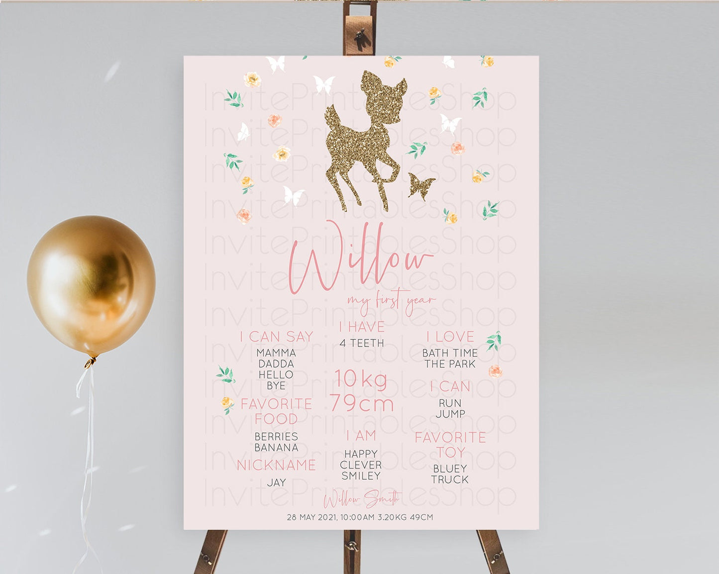 Fawn First Birthday Milestone Board Deer First Birthday Milestone Poster Enchanted Forest Butterfly Pastel Flowers 1st Birthday Sign D10386