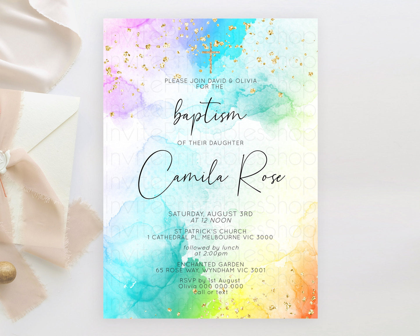 Pastel Baptism Invitation Pastel Colors Watercolor Baptism 1st Birthday Party Gold Ombre Pastel Rainbow Christening Holy Communion D10771