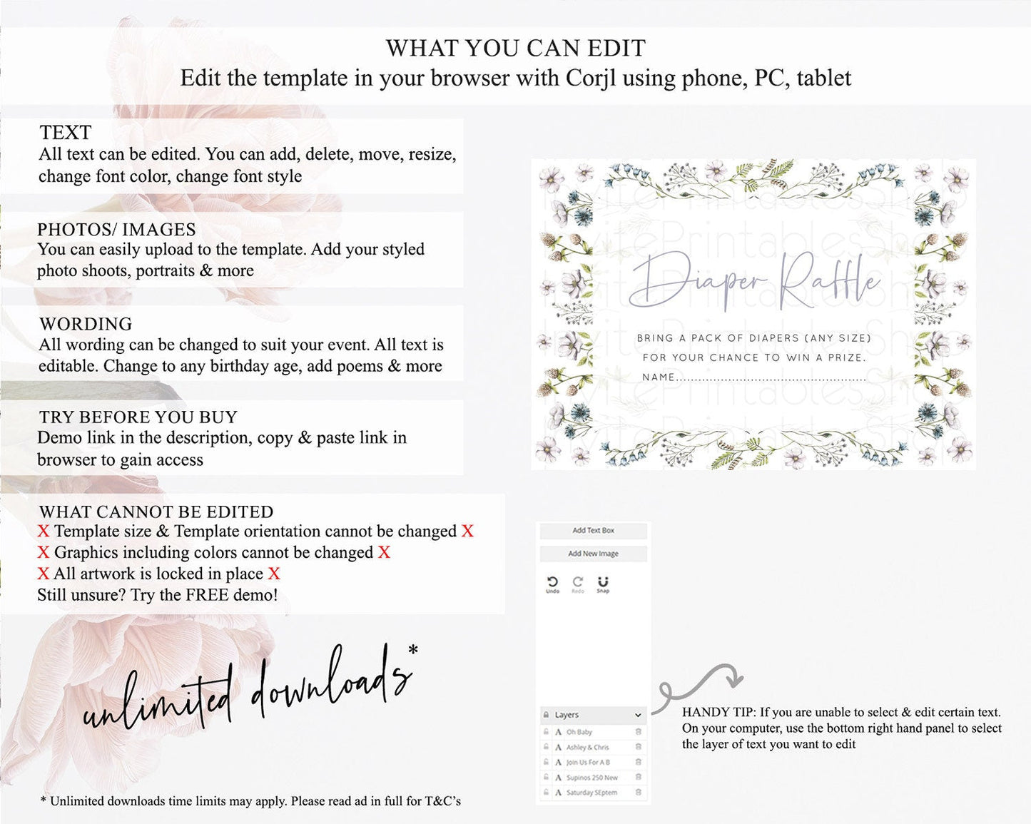 Secret Garden Diaper Raffle Card Boho Wildflower Diaper Raffle Insert Pastel Flower Garden Baby Shower Card Flower Raffle Game D10603