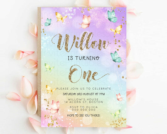 Pastel Butterfly Birthday Invitation Butterfly Birthday Invitation Colorful Splash Glitter Butterfly Garden 1st 2nd Birthday D23089