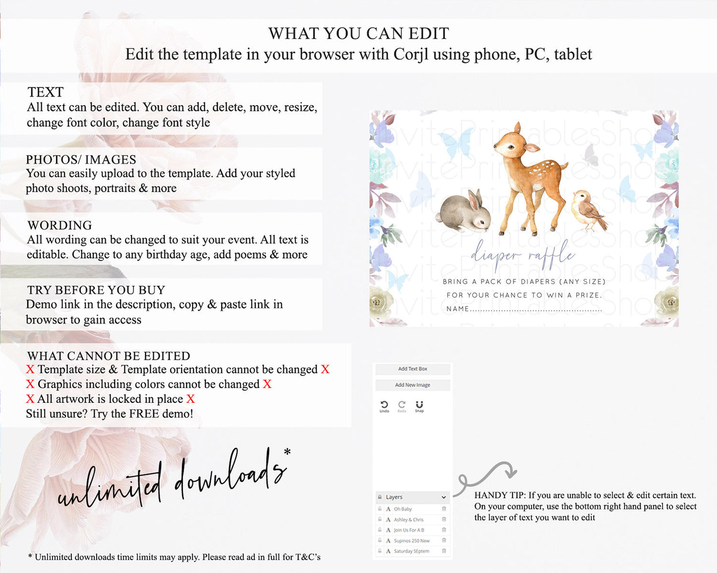 Fawn Diaper Raffle Card Deer Diaper Insert Floral Deer Diaper Ticket Enchanted Forest Butterfly Pastel Baby Shower Raffle Game D10929