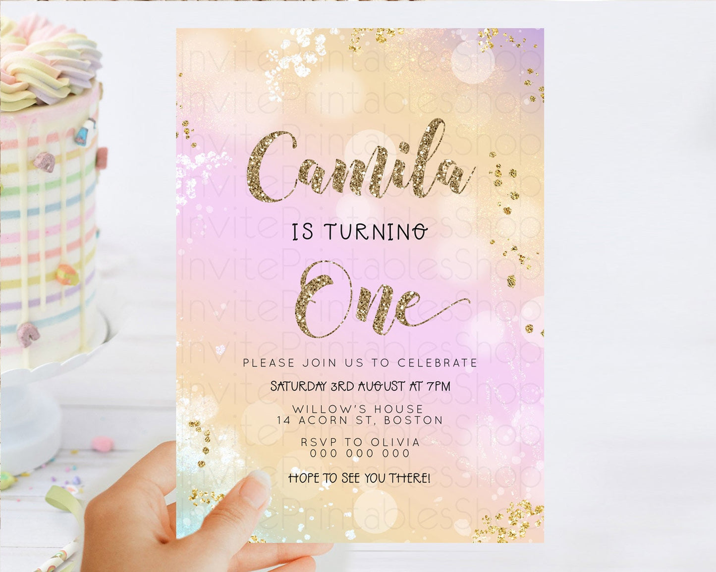 Rainbow Birthday Invitation Colorful Pastel Watercolor Invitation Gold Glitter Sprinkles Ombre Pastel 1st 2nd 3rd Birthday D23122