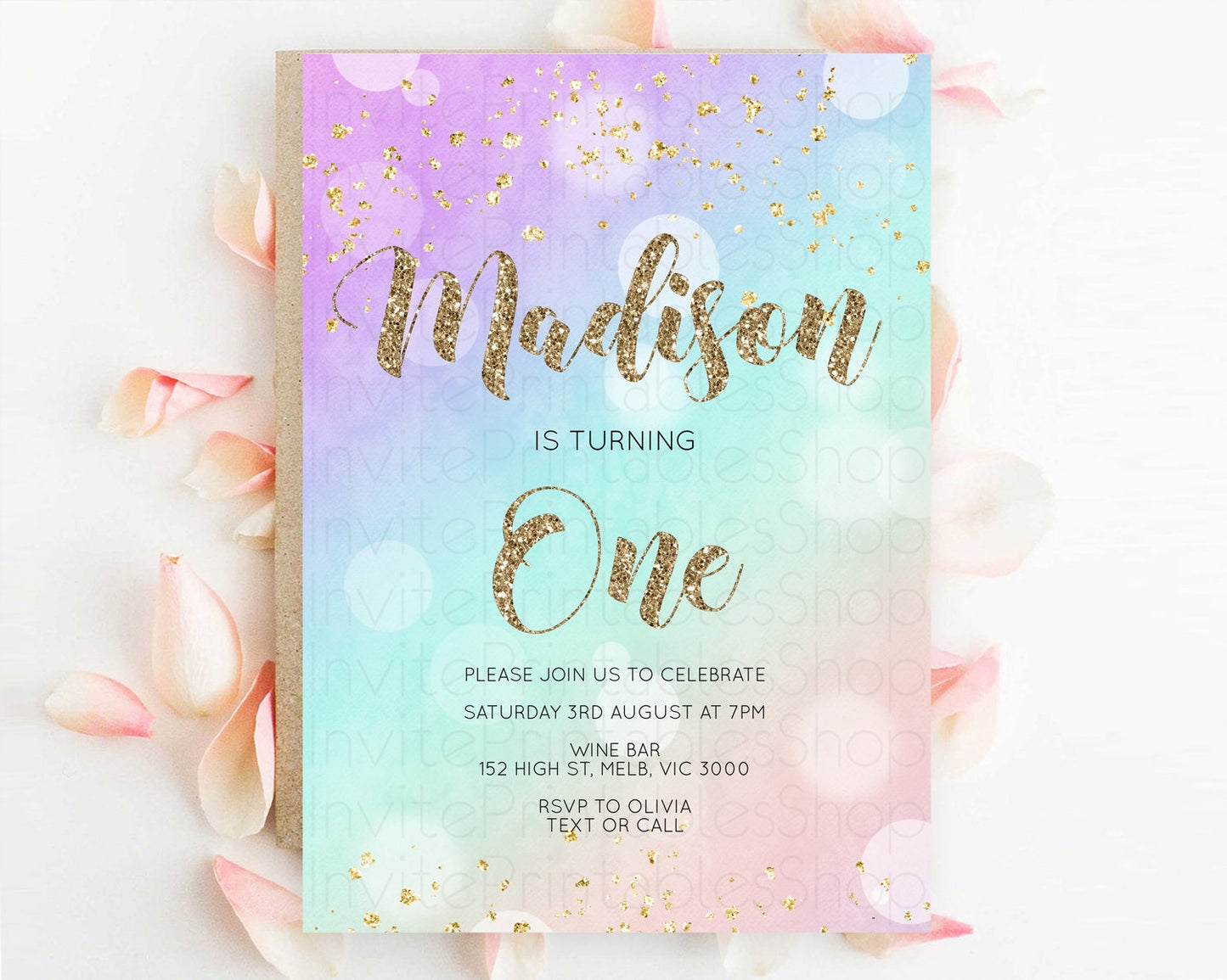 Rainbow Birthday Invitation Colorful Pastel Watercolor Invitation Gold Glitter Sprinkles Ombre Pastel 1st 2nd 3rd Birthday D10621
