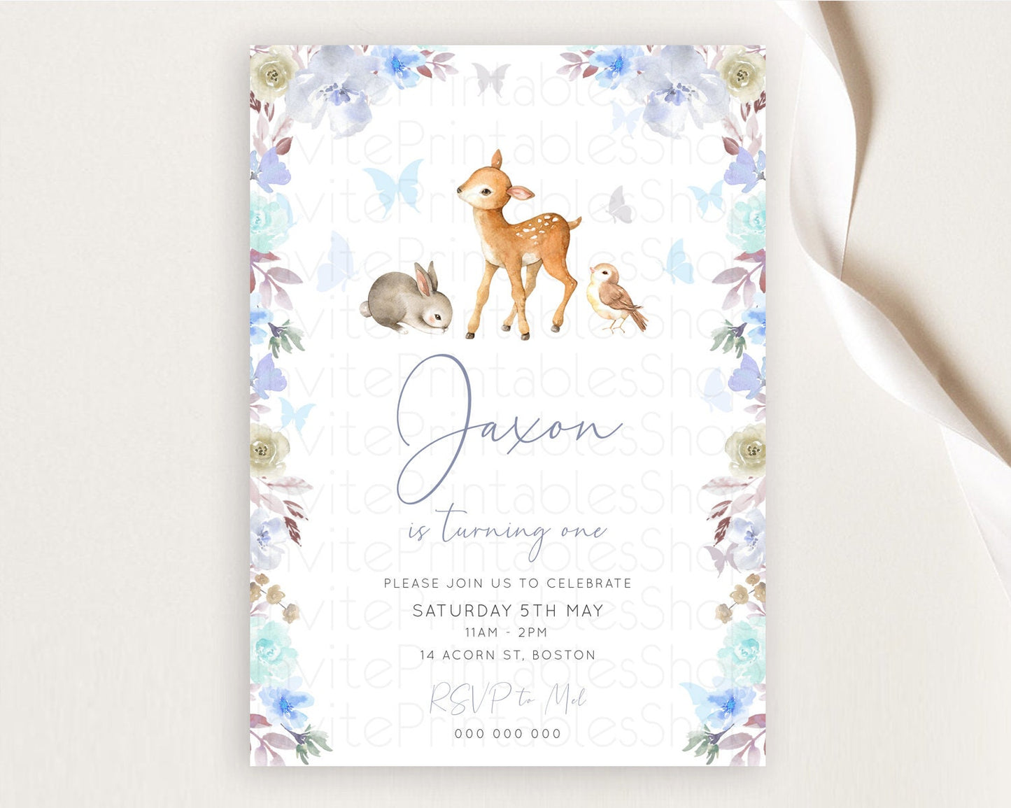 Fawn Birthday Invitation Deer Birthday Invitation Enchanted Forest Party Butterfly Pastel Flowers Whimsical 2nd 1st First Birthday D10929