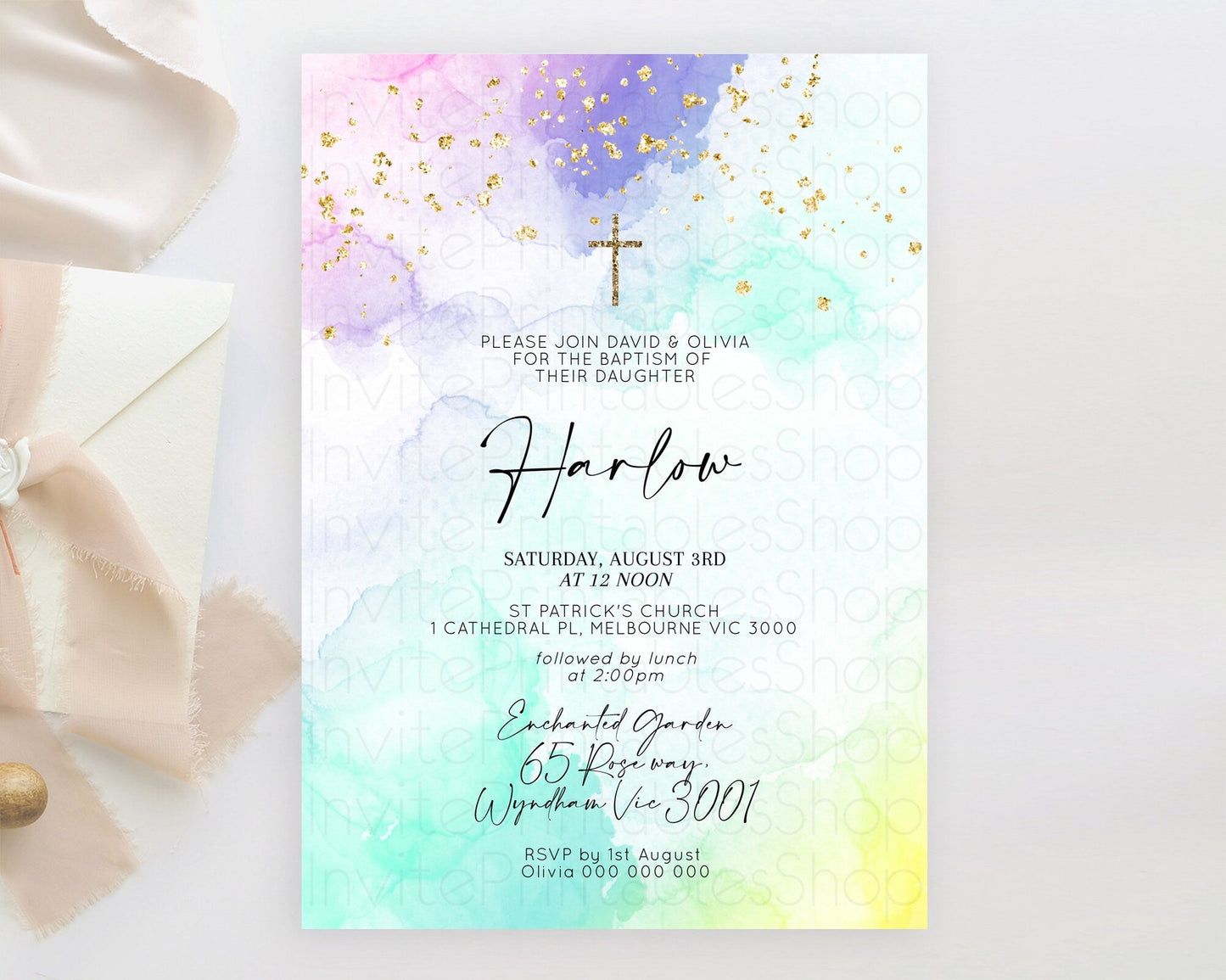 Pastel Baptism Invitation Pastel Colors Watercolor Baptism 1st Birthday Party Gold Ombre Pastel Rainbow Christening Holy Communion D10157