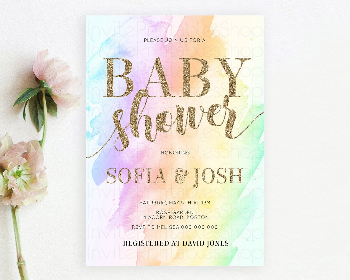 Pastel Baby Shower Invitation Rainbow Baby Shower Invitation Colorful Pastel Watercolor Invitation Gold Glitter Sprinkles Ombre D10643