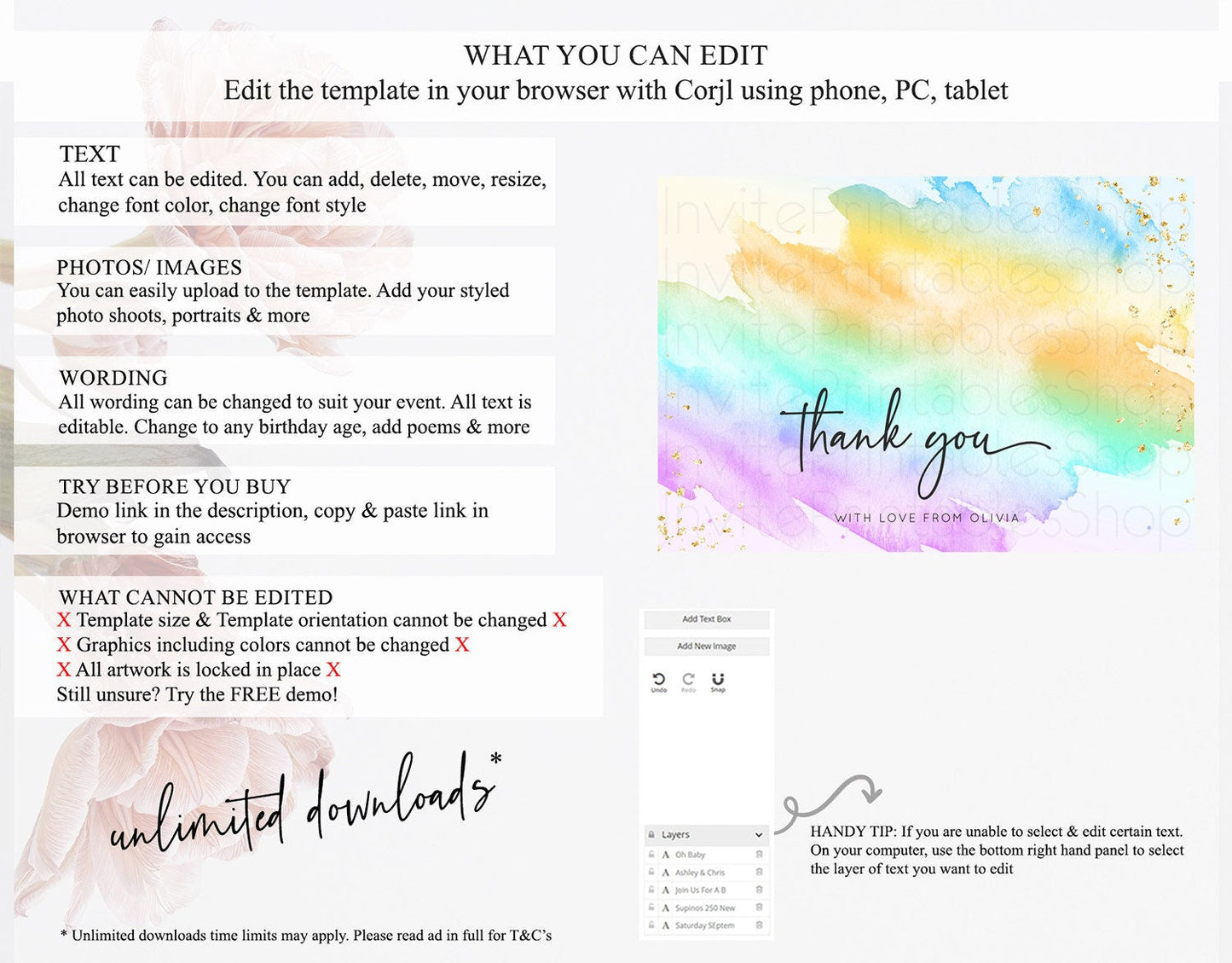 Pastel Thank You Rainbow Thank You Card Colorful Pastel Birthday Thank You Card Confetti Watercolor Pastel Teacher Thank You Cards D10425