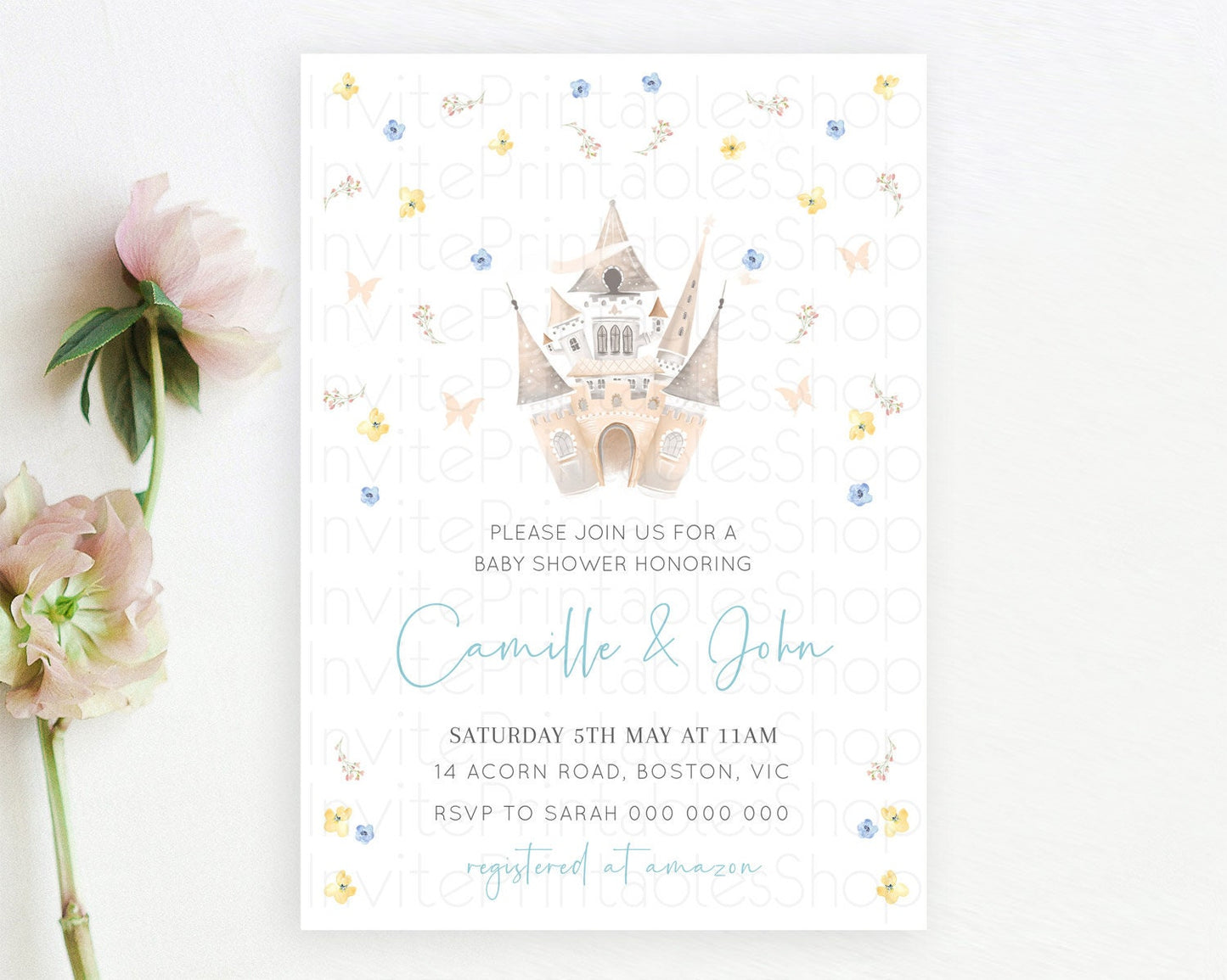 Enchanted Castle Baby Shower Invitation: Secret Garden, Blue Yellow Flowers, Floral Garden, Royal Baby, Prince and Princess Theme D10365