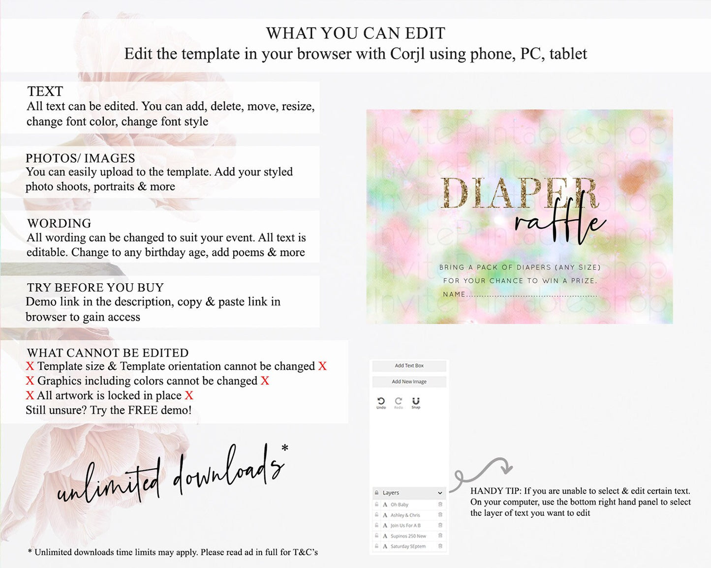 Pastel Diaper Raffle Card Pastel Rainbow Diaper Raffle Insert Colorful Ombre Watercolor Diaper Ticket Confetti Glitter Raffle Game D10698