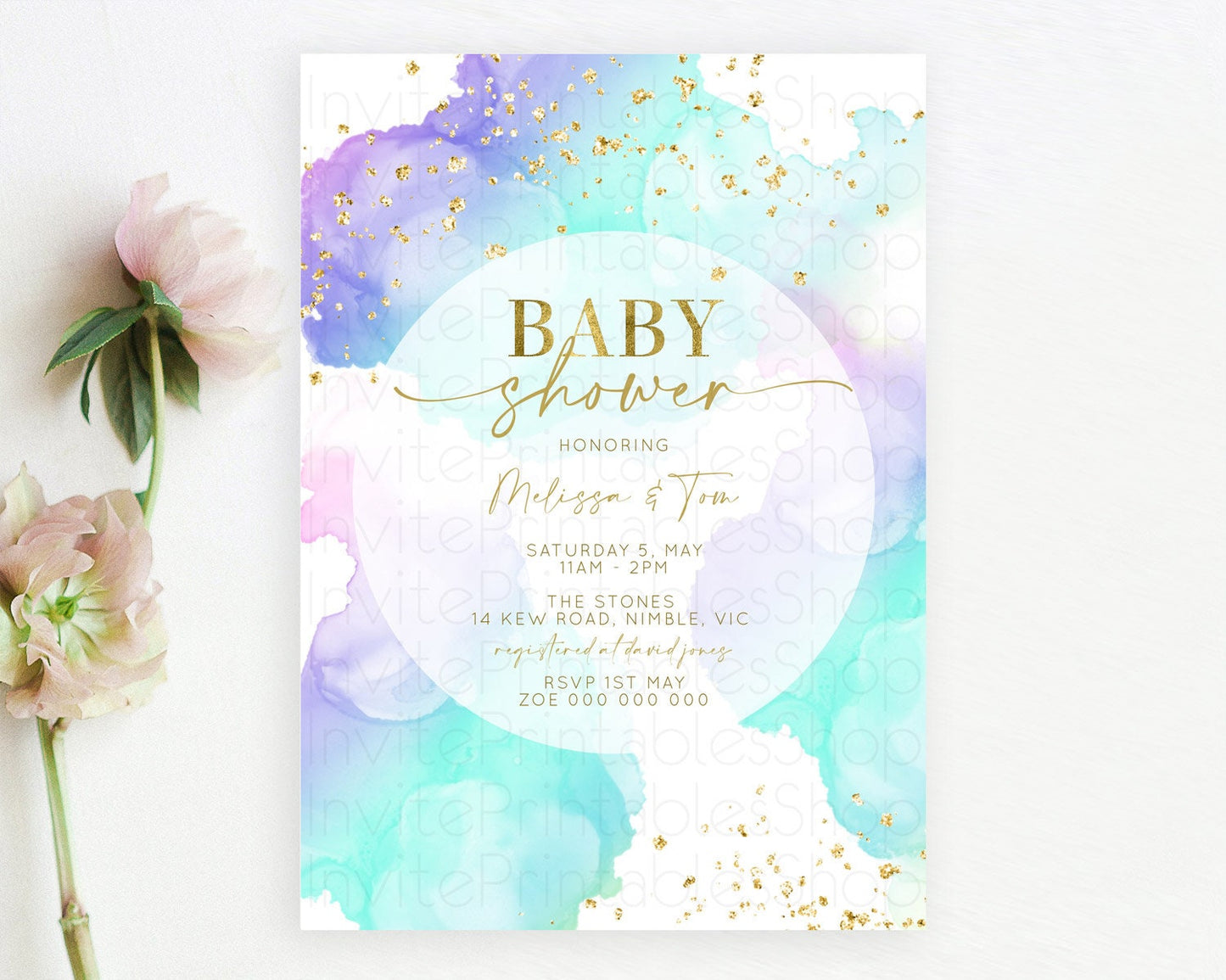 Pastel Baby Shower Invitation Rainbow Baby Shower Invitation Colorful Pastel Watercolor Invitation Gold Glitter Sprinkles Ombre D10212