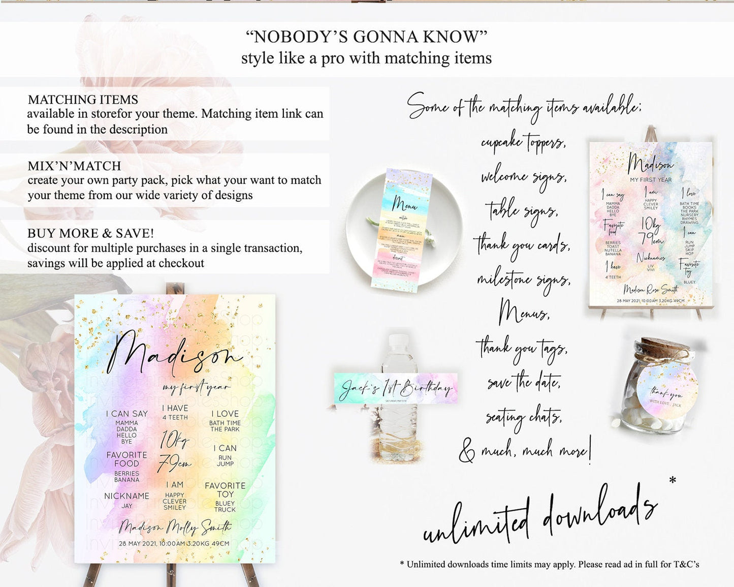 Pastel First Birthday Milestone Board Pastel Rainbow Milestone Poster Colorful Confetti Watercolor Glitter 1st Birthday Welcome Sign D10645