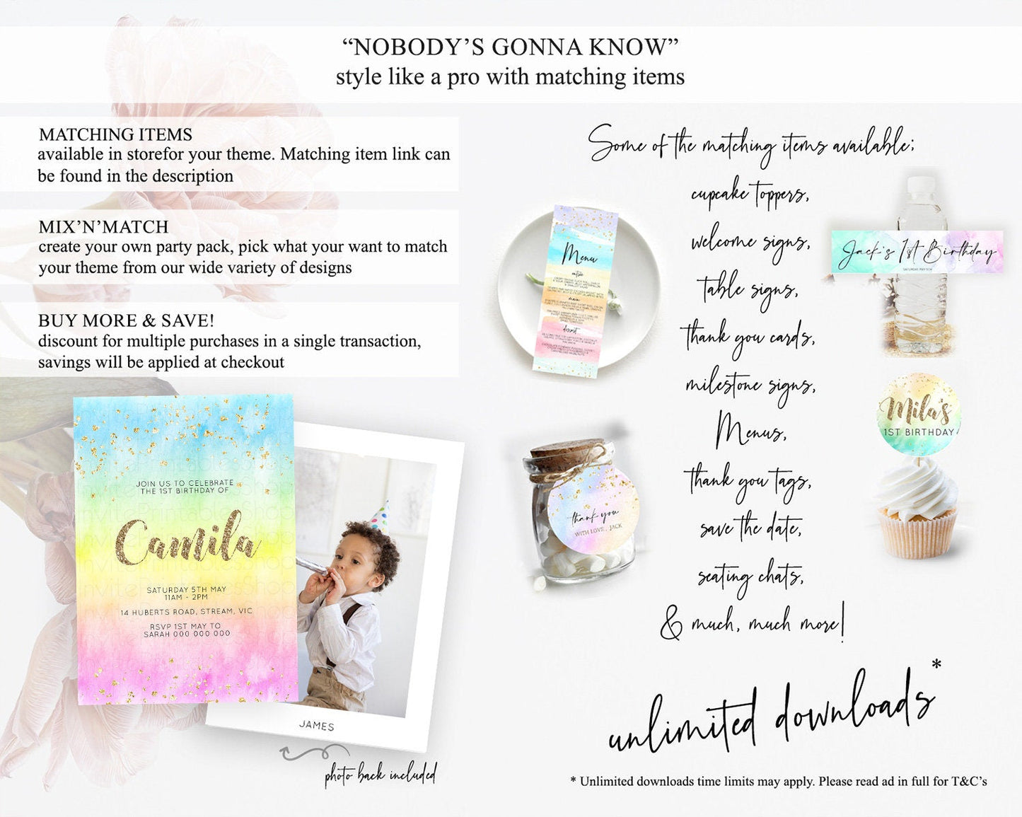 Rainbow Birthday Invitation Colorful Pastel Watercolor Invitation Gold Glitter Sprinkles Ombre Pastel 1st 2nd 3rd Birthday D10479