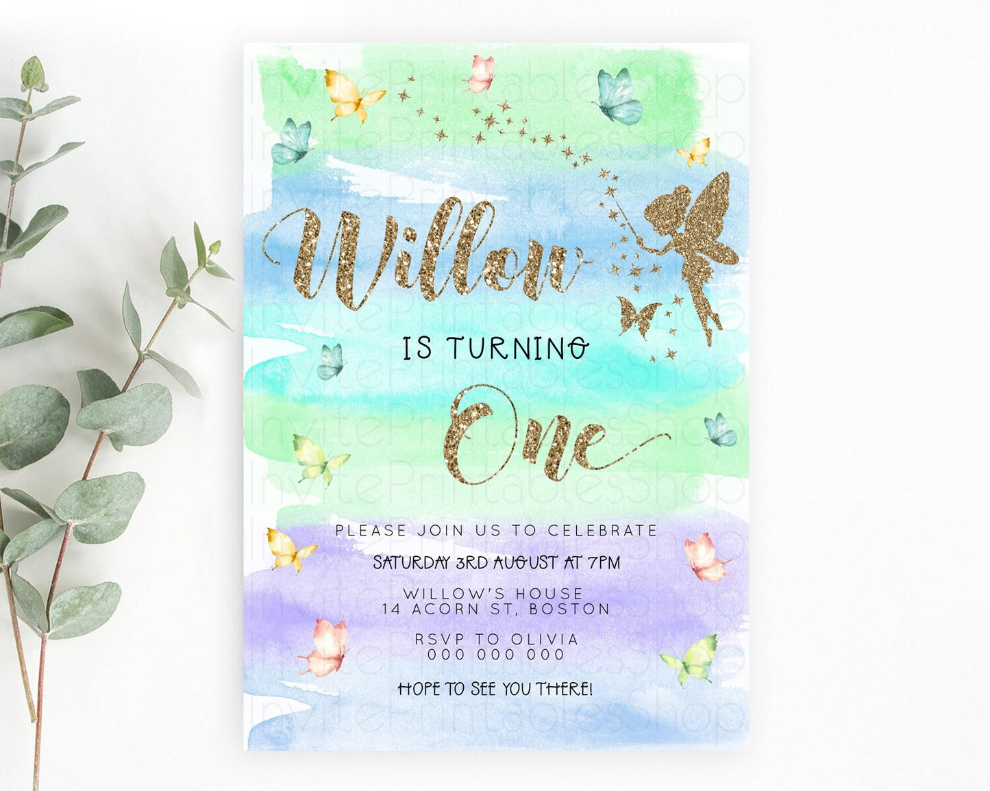 Pastel Fairy Birthday Invitation Pastel Butterflies Fairy Birthday Invitation Rainbow Ombre Watercolor 1st 2nd Birthday Invitation D23321